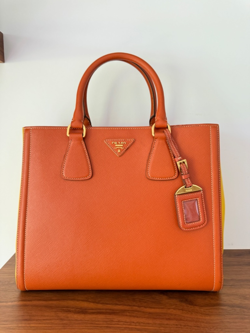 Prada Orange/Yellow Bi Color Saffiano Lux Leather Tote - Picture 14 of 14